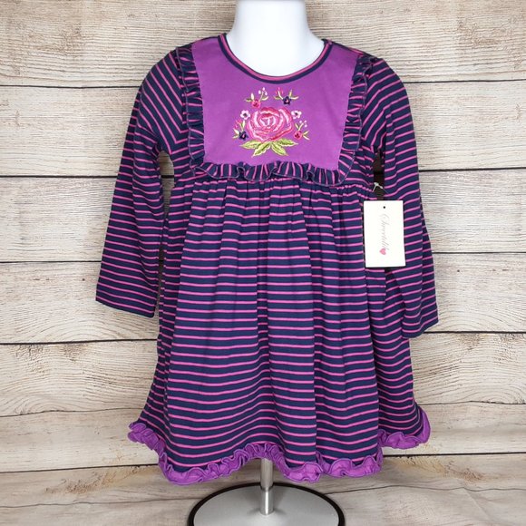 'SWEETDIL' RUFFLE TRIM EMBROIDERED STITCHING LONG SLEEVE COZY TODDLER DRESS/TOP - Picture 1 of 15